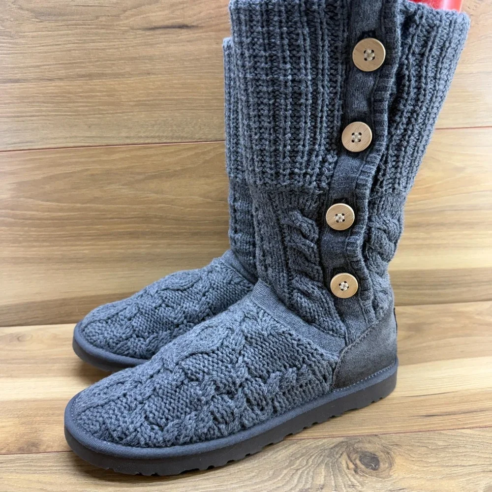 UGG Lattice Cardy Swear Knit Boots Womens 9 Gray Brown Button Cozy Cottagecore